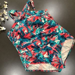 Coastal Blue One Piece Swimsuit High Grecian Neckline Floral Print Ruched Front